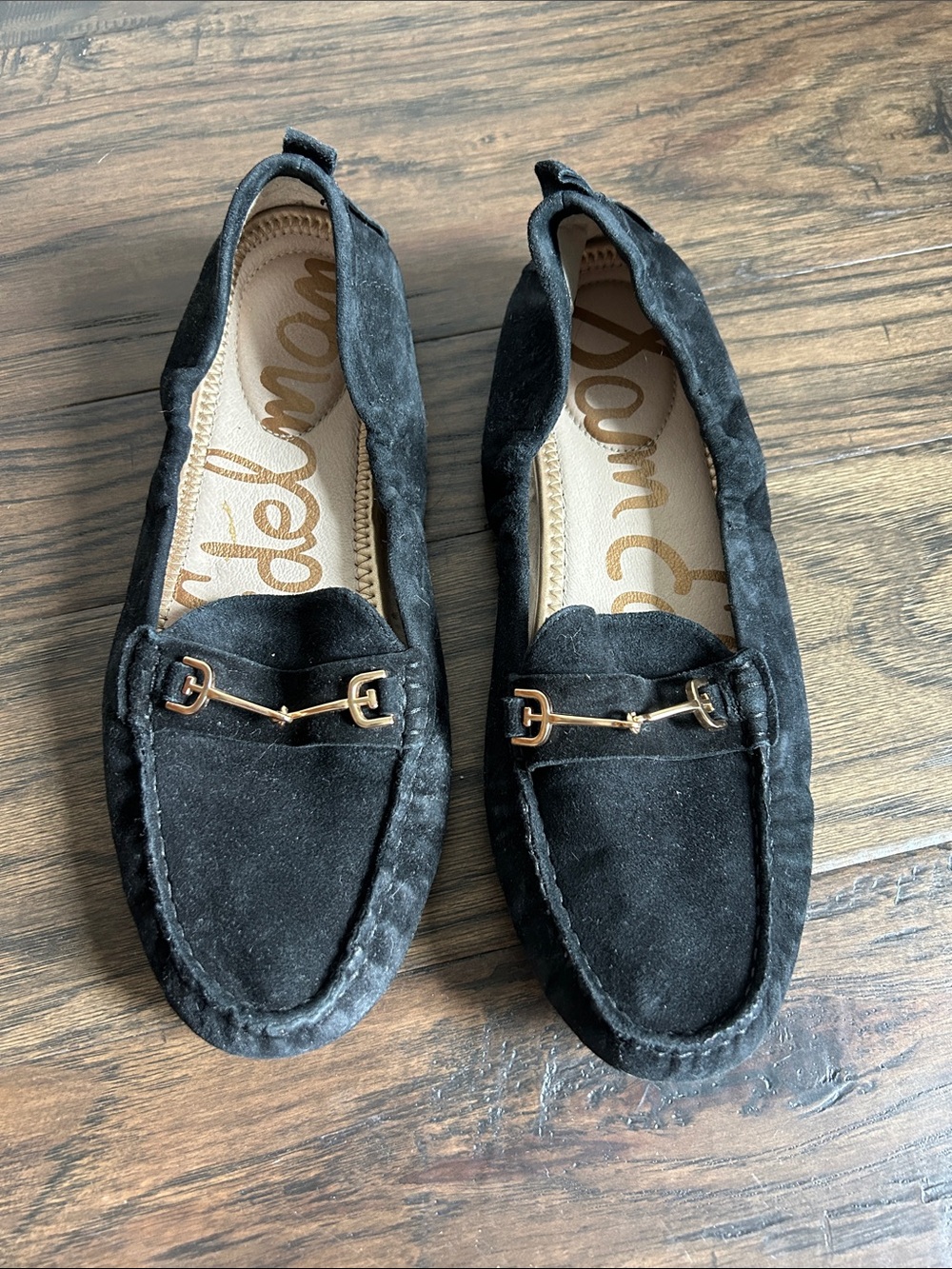 Sam Edelman Black Suede Loafers with Gold Bit Hardware